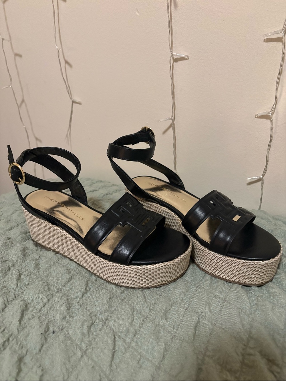 Tommy Hilfiger Black Wedge Sandals with Espadrille Platform